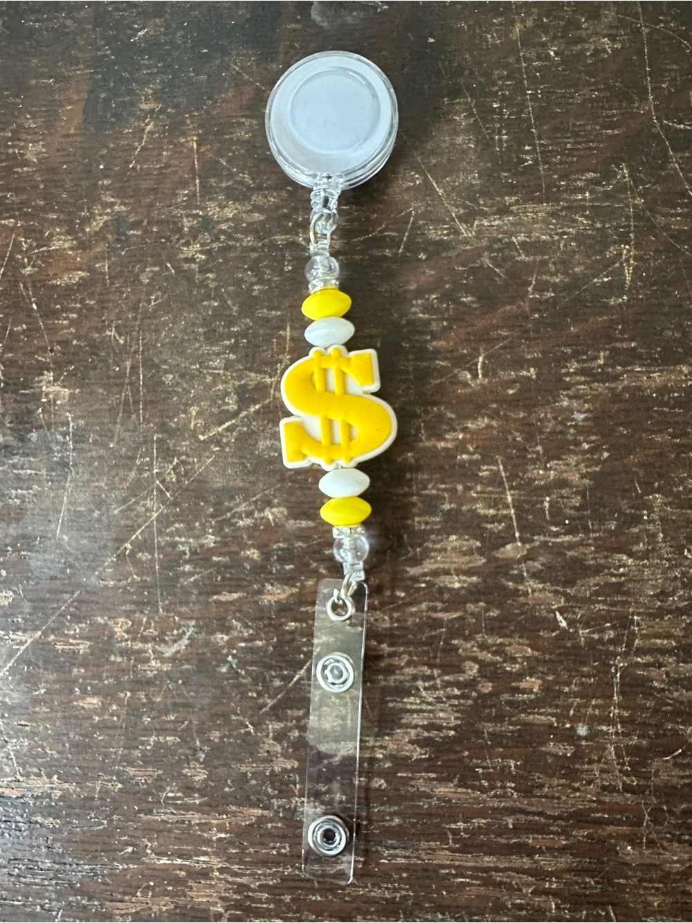 Handmade Yellow Dollar Sign Badge Reel with Beads